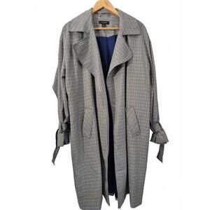 Halogen Ladies Navy Blue Black Small Pattern Plaid Trench Coat Pockets Tie Wrist